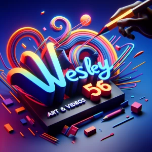 Design a 3D animated logo for "Wesley's Art & Videos56" with precise spelling, featuring dynamic and kinetic typography. Utilize a vibrant color palette to embody the brand's dynamic and adaptable nature in multimedia content creation. The animation should be engaging, visually attractive, and communicate a blend of artistic creativity and polished digital media professionalism.