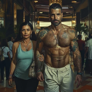 Hyperrealism-photo fantasy,A sweaty tattoed muscular  man walkin...