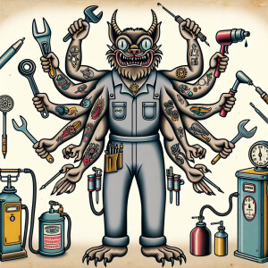 Cartoonish monster mechanic with multiple arms in grey coveralls...