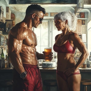 Photo-realism,fantasy.a muscular sweaty man standing and talking...