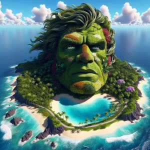Create a 3D island shaped like Arnold Schwarzenegger 
 face, vie...