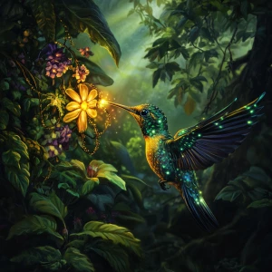 Digital painting. A bioluminescent hummingbird sips nectar from...