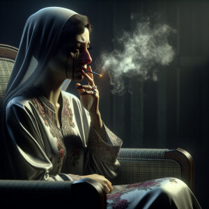 Crying woman in a nightgown siting on her chair smoking a cigarette .