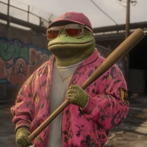 Fwog meme..80's clothing holding a spiked baseball bat, in GTA S...