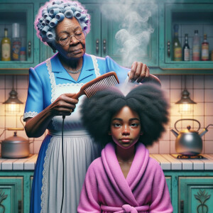 Create a realistic 3-D image of an african-American grandmother wearing a blue house dress and a white apron . She is in the kitchen with her african-American granddaughter. Her granddaughter is wearing a pink bath robe. The grandmother has a hot comb in her hand and she is straightening her granddaughters hair. One side of her granddaughters hair is in  a Afro the other straight 
There is smoke coming from the hot comb
The granddaughter is making a face