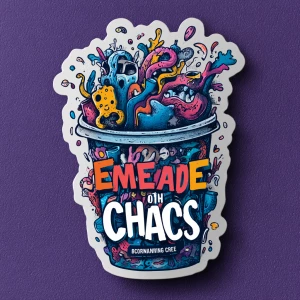 Create a sticker for A vibrant illustration of a coffee cup over...