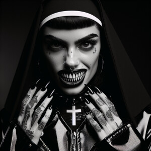 A dark, monochrome film grain photo featuring a woman in a nun's...