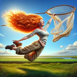 Ginger haired woman flying through the air catching something wi...