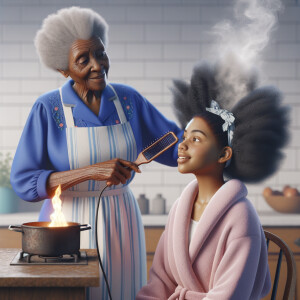 Create a realistic 3-D image of an african-American grandmother wearing a blue house dress and a white apron . She is in the kitchen with her african-American granddaughter. Her granddaughter is wearing a pink bath robe. The grandmother has a hot comb in her hand and she is straightening her granddaughters hair. One side of her granddaughters hair is in  a Afro the other straight 
There is smoke coming from the hot comb
The granddaughter is making a face