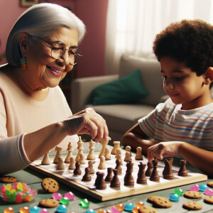 stop motion of a grandparent playing chess with his grandson and...