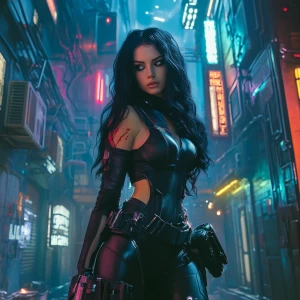 Depict Dahlia Valentina (DahliaValentina_ai) – a fit, tall, supple, well-endowed, tanned Italian-American model with long wavy black hair – as a rogue bounty hunter in the Star Wars universe. She stands confidently in a dimly lit, neon-soaked alley on Coruscant, surrounded by flickering holographic signs and towering futuristic skyscrapers. She wears sleek, form-fitting bounty hunter armor with dark metallic tones, accented by crimson streaks and subtle battle scars. A half-cape drapes over one shoulder, flowing slightly in the breeze. Dahlia’s helmet is off, held under one arm, revealing her striking face with a fierce, determined expression. A blaster pistol rests in her holster, and a faint scar runs across her cheek, hinting at past battles. The glow from nearby neon lights reflects off her armor, creating an atmospheric blend of shadows and color. The background reveals distant speeder traffic zipping through the cityscape, adding to the sense of motion and danger.