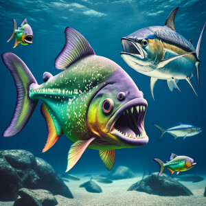 Purple lime piranha no teeth swimming with a marlin