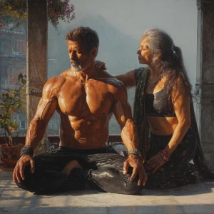 Hyperrealistic painting,A man muscular beefy sweaty doinga yoga...