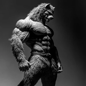 A muscular lycanthrope with dense fur, posed to display a full-b...