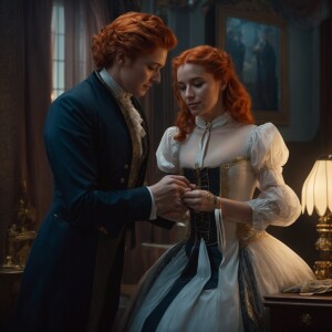 Photorealistic image. Beautiful ginger haired female, fair skin,...