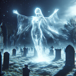 Transparent ghost with arms outspread, hovering above a graveyar...