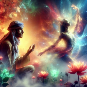 Depict a dreamlike, vibrant landscape with an entranced man and...