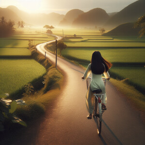 Vietnamese girl is cycling down the road,