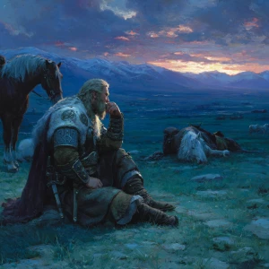 A noble prophet-like figure sits quietly, gazing at the sun sett...