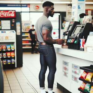 Full body black thug with very low haircut and facial hair weari...