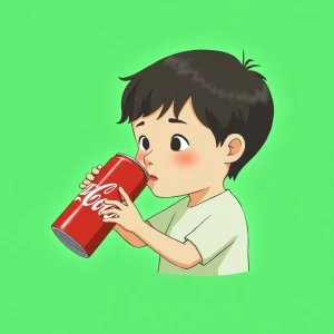 A digital painting depicting a boy drinking from a red "Coca-Col...