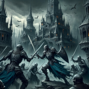 Undead black knight sword fighting a blue and black knight in front a undead castle