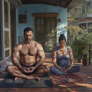 Photorealism,realism,A man muscular beefy sweaty doinga yoga sit...