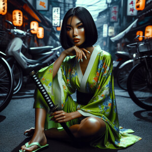 Street art: Korean scene landscape sitting with her legs crossed...