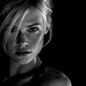 Blonde woman, noir style, ultra-realistic portrait, dramatic sha...