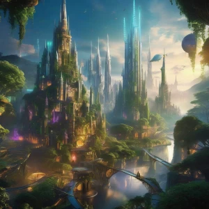 A vibrant fantasy scene where ancient magic meets cutting-edge t...