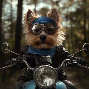 An hyper-realistic image of a yorkie riding a blue metallic moto...