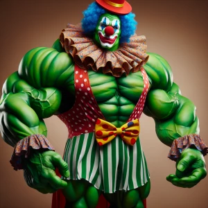 The Incredible Hulk dressed as a clown, featuring exaggerated, h...