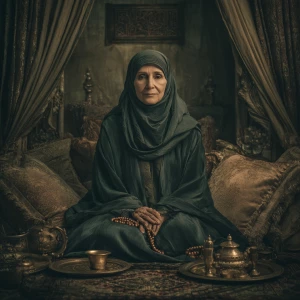 A gentle-looking elderly Muslim woman wearing a dark green thobe...