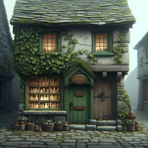 A small, crooked building with ivy creeping up its cracked stone...