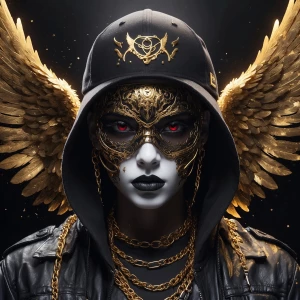 A stylized urban angel with a dark streetwear aesthetic, wearing...