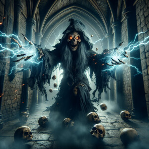 A sinister female grim reaper clown, with grotesque makeup and t...