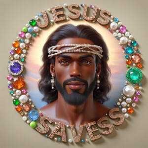 "Create a 3D realistic artwork featuring the phrase 'Jesus Saves...