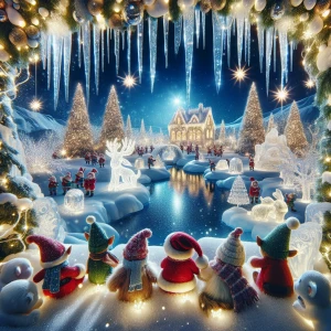Whimsical Christmas scene. North Pole lit up at night. Gold leaf...