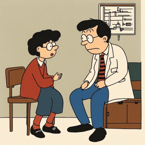 Cartoon cartoon, the doctor is in his clinic talking to a person...
