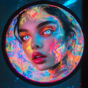 An ultra-realistic female portrait framed by a round, mirror-lik...
