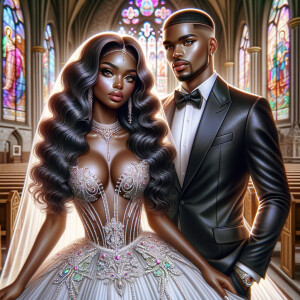 Create a realistic airbrushed illustration of a beautiful African-American couple at their wedding. The woman has flawless makeup, long wavy hair, and wears a spectacular gown adorned with various types of jewels, embodying elegance and sophistication. Her partner, an African-American man, is dressed in a sleek black Gucci suit and sports a fade crop top haircut, adding a modern flair to his dapper appearance. They stand together in a beautiful church, which is enhanced by colorful stained glass windows casting a vibrant glow around them, adding to the solemnity and joy of the occasion. The image should capture the essence of their love and the intricate details of their attire and the setting, all in a heavily HDR style at 300 dpi.