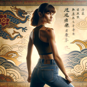 Athletic Thin skinny Attractive, Asian teenage girl, long brown hair and bangs, wearing tight skinny jeans and a halter top paint marks on her clothing, heroic pose Asian graffiti background, backside view