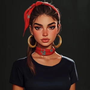 a girl with brown hair, thick eyebrows, pumped up lips, a potato...