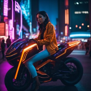 A girl riding neon bike, futuristic, facing front, high speed, c...