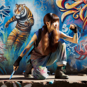 teenage girl, long brown hair and bangs, wearing tight skinny jeans and a halter top paint marks on her clothing, heroic pose Asian graffiti background, nearing on one knee