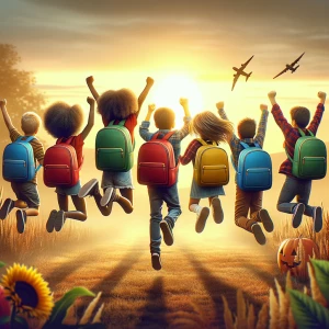Create a great realistic photo of kids jumping for joy with thei...