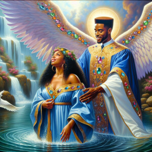 An oil painting depicting a light-skinned African-American pasto...