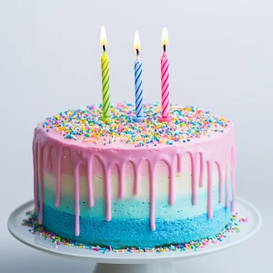 A vibrant, festive birthday cake with three lit candles on top. The cake is a two-layered sponge with colorful frosting—pastel pink on the top layer and sky blue on the bottom. The frosting drips slightly over the edges for a delicious effect. Bright, multicolored sprinkles are scattered over the top. The three candles are evenly spaced, each with a different color—red, yellow, and blue—with soft glowing flames. The background is white