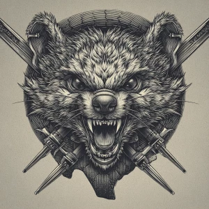 A highly detailed logo of an anthropomorphic mongoose with a wil...