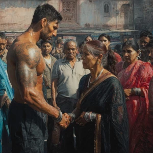 Hyperrealism photo painting. a muscular, sweaty criminal man  gr...